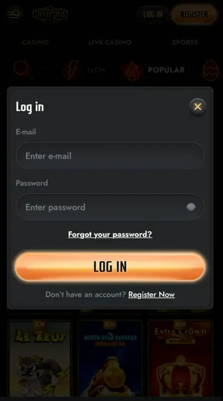 Gransino login modal with email, password and forgot password fields