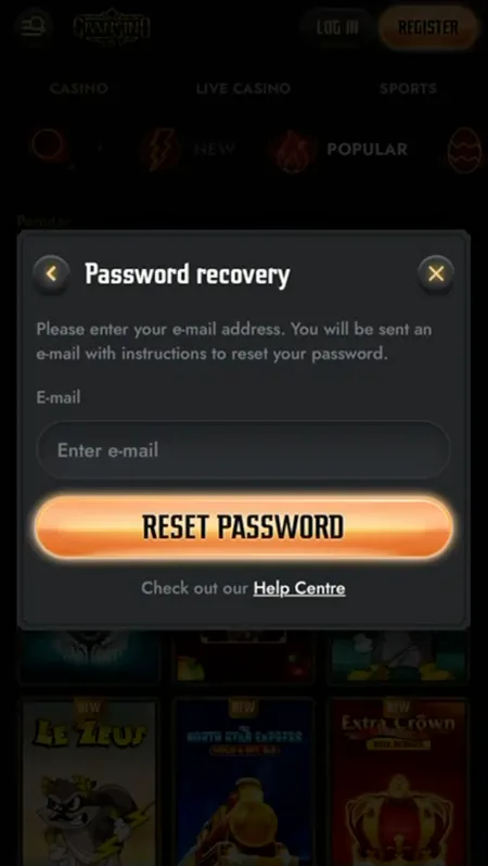 Gransino password recovery modal with email field and reset button