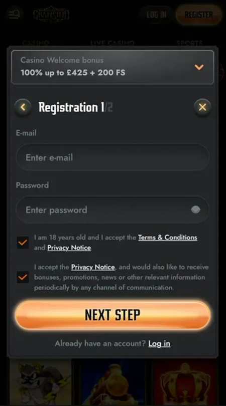 Gransino registration step 1 - email, password and age confirmation