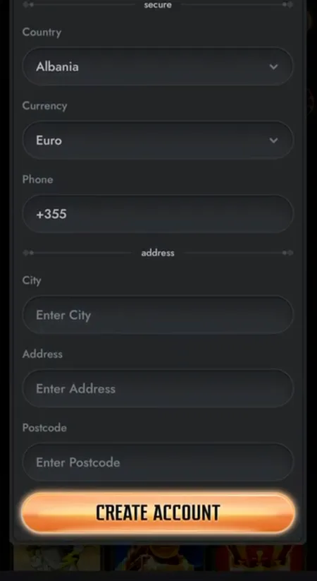 Gransino registration step 2 - country, currency, phone and address fields