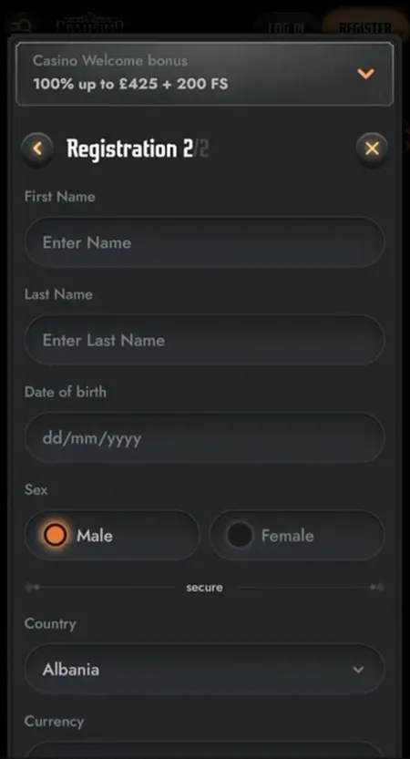 Gransino registration step 2 - personal data including name and date of birth
