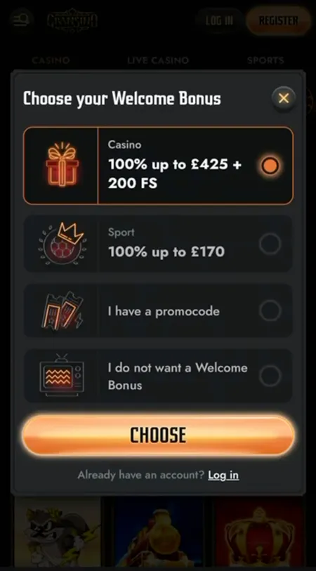 Gransino welcome bonus choice modal - Casino or Sport