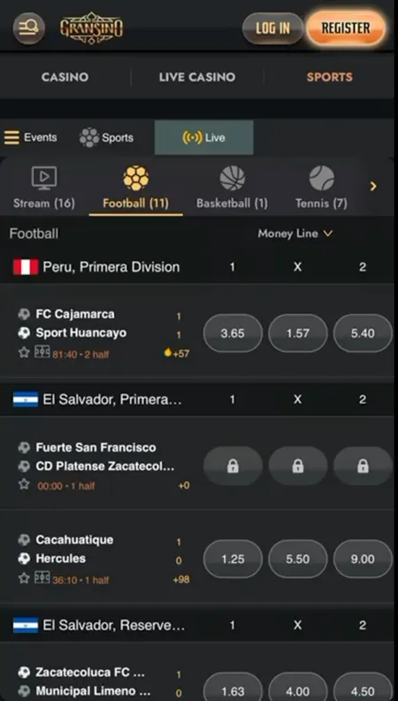 Gransino live football betting with 1X2 odds and match timer